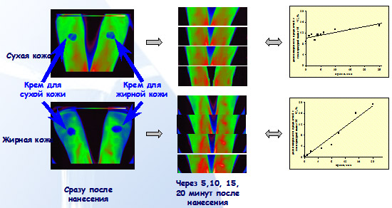 Усиление локальной кожной микроциркуляции после нанесения крема с кислородным аква-минеральным комплексом на предплечье (Ахсянов У. и др., 2009).